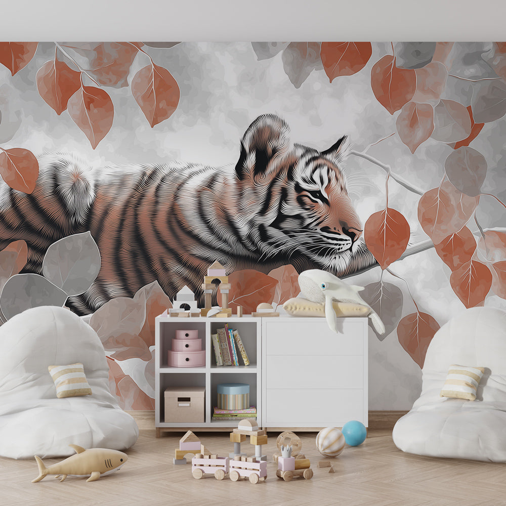 Artistic tiger mural wallpaper with red foliage accents transforming kids playroom space