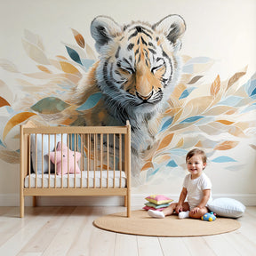 Majestic tiger mural wallpaper with colorful leaves in modern children's bedroom by Kids-Mundo