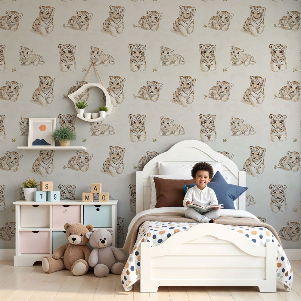 Tiger mural wallpaper creating gentle safari atmosphere in modern kids nursery by Kids-Mundo
