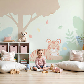 Peaceful tiger forest mural wallpaper in modern nursery setting by Kids-Mundo