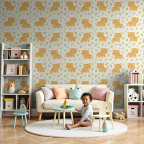 Smiling tiger cubs mural wallpaper in modern nursery room setting by Kids-Mundo