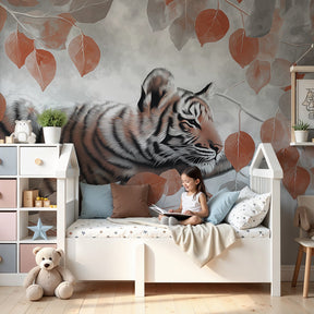 Peaceful tiger mural wallpaper with elegant foliage in modern nursery by Kids-Mundo