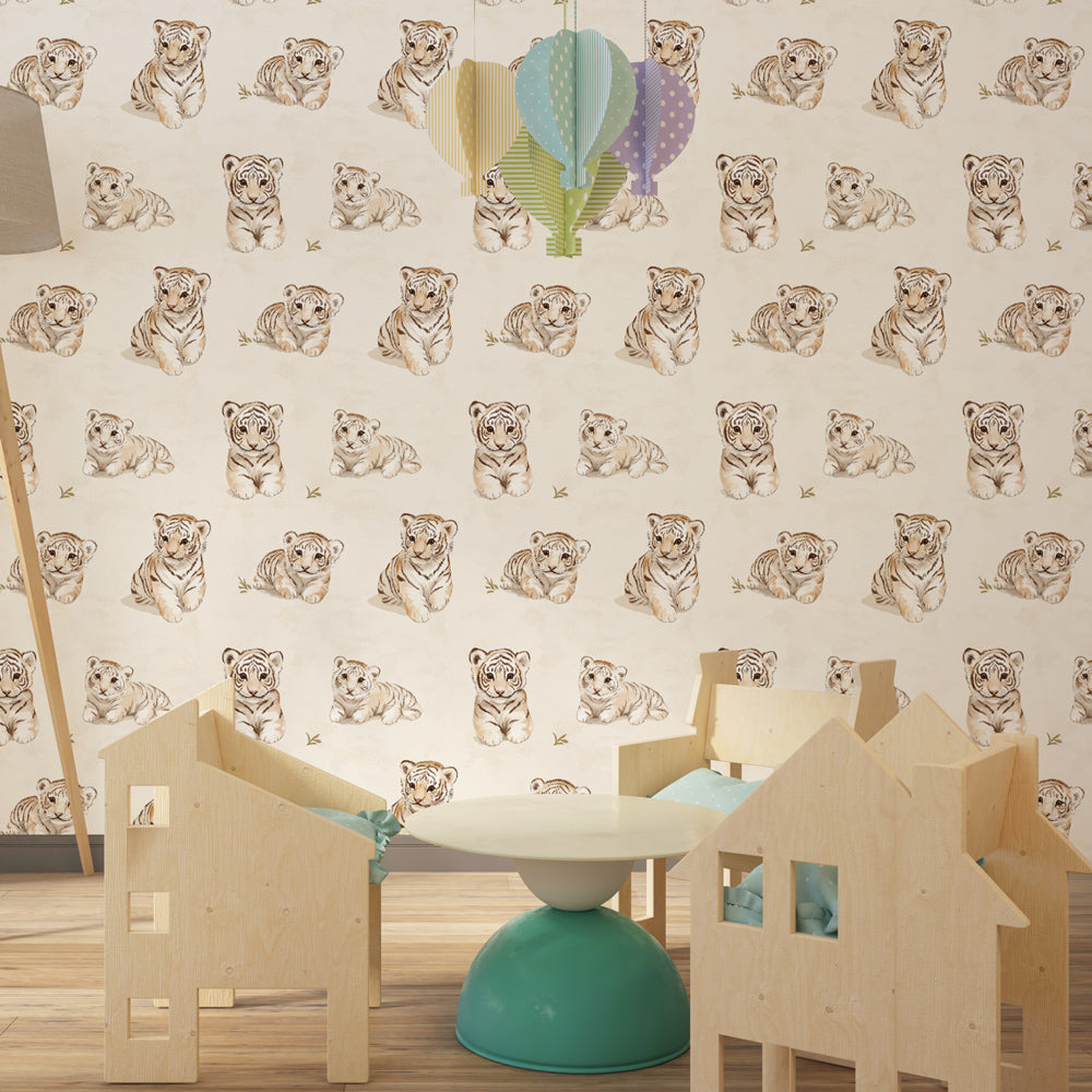Safari tiger mural wallpaper bringing warm animal theme to kids playroom decor