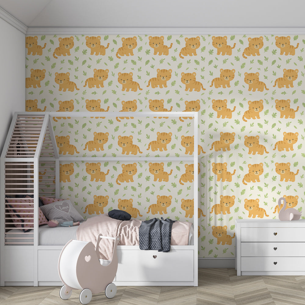Gentle tiger cubs wallpaper transforming kids playroom into wildlife adventure space