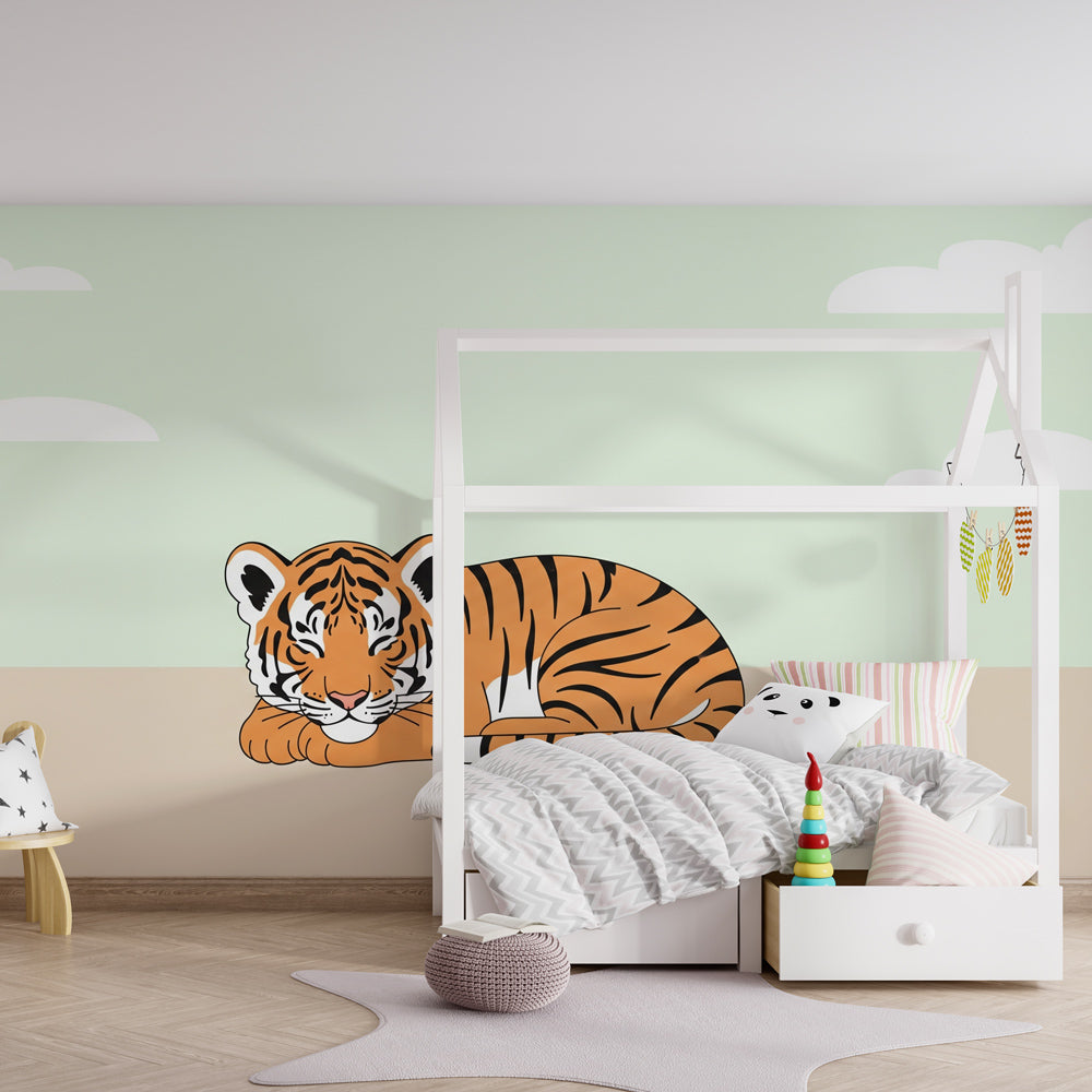 Orange and black striped tiger mural wallpaper bringing wildlife magic to kids playroom space