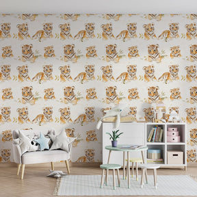 Gentle safari tiger mural wallpaper transforming kids playroom into adventure space