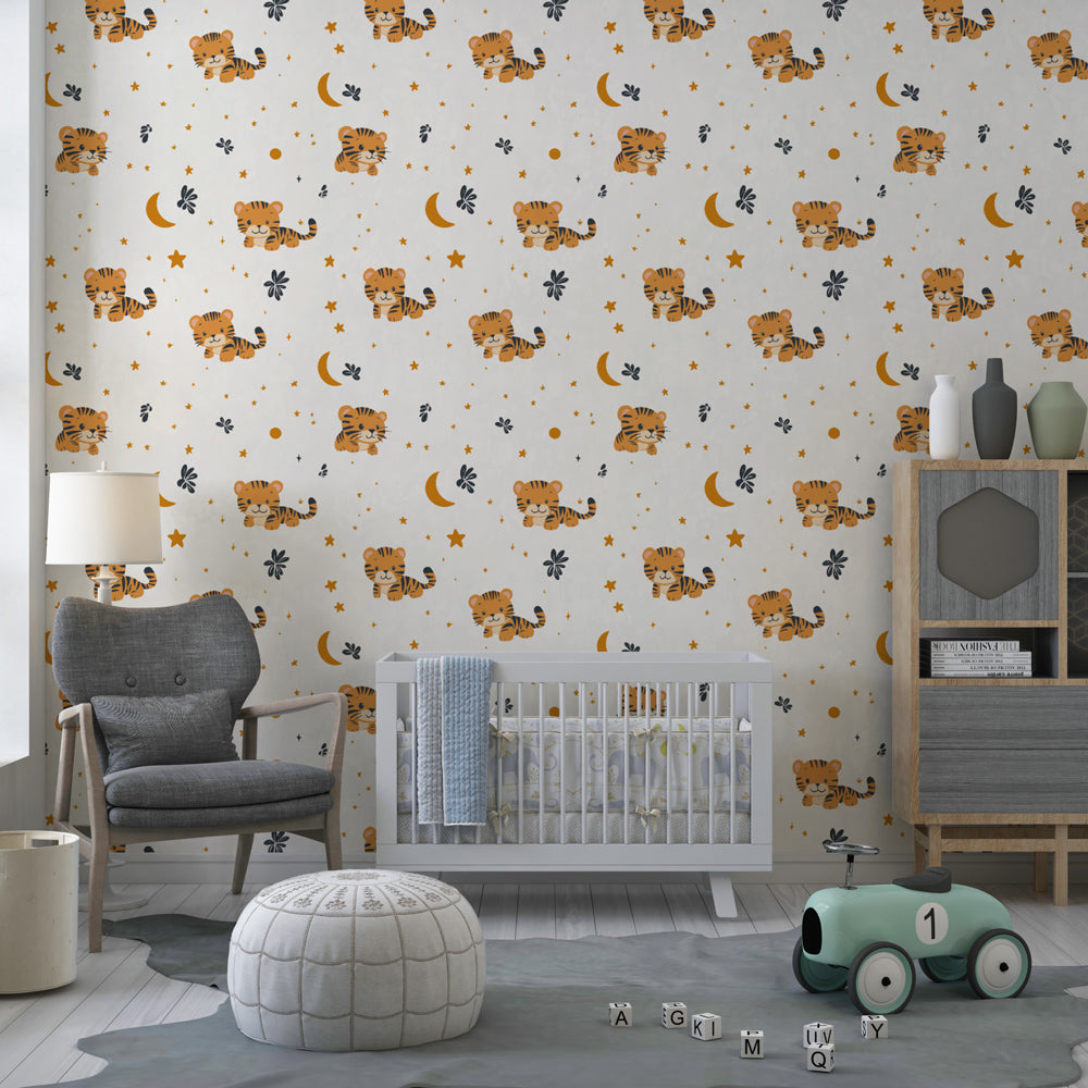 Whimsical tiger and stars mural wallpaper for children's playroom by Kids-Mundo