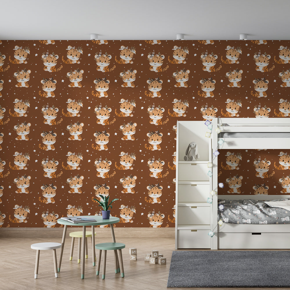 Adorable tiger mural wallpaper with stars creating cozy kids playroom atmosphere