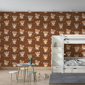 Adorable tiger mural wallpaper with stars creating cozy kids playroom atmosphere