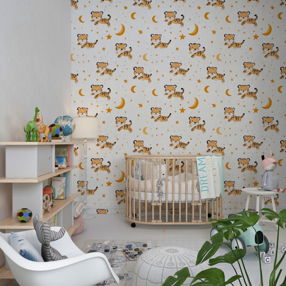 Tiger adventure mural wallpaper in children's playroom with natural wood furniture