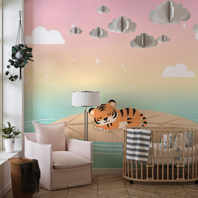 Whimsical tiger mural wallpaper with stars and clouds creating magical playroom environment for children