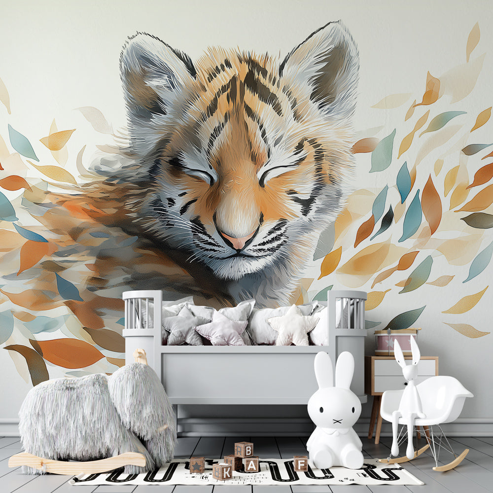 Nature-themed tiger wallpaper transforming kids playroom into serene botanical sanctuary