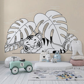 Baby tiger mural wallpaper in toddler bedroom with peaceful jungle animal theme