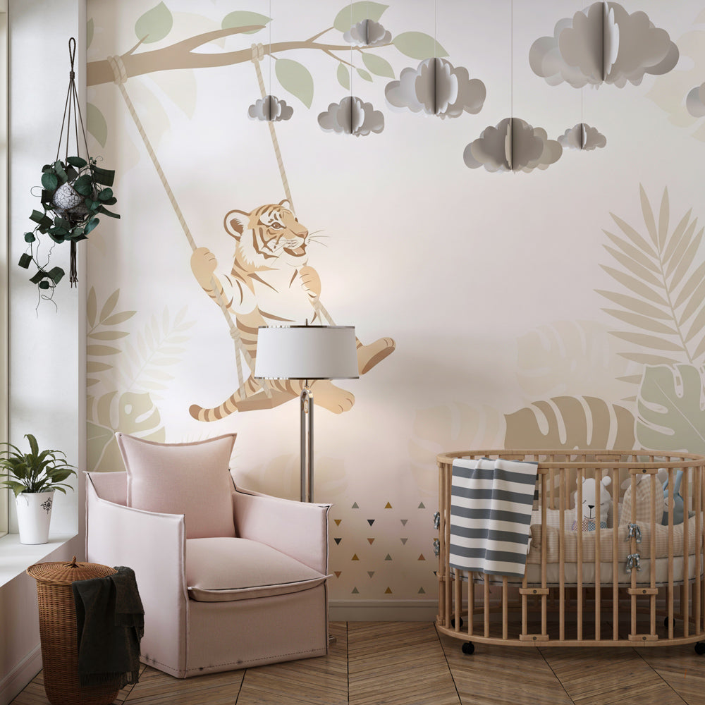 Tropical tiger mural wallpaper bringing jungle theme to modern toddler room by Kids-Mundo