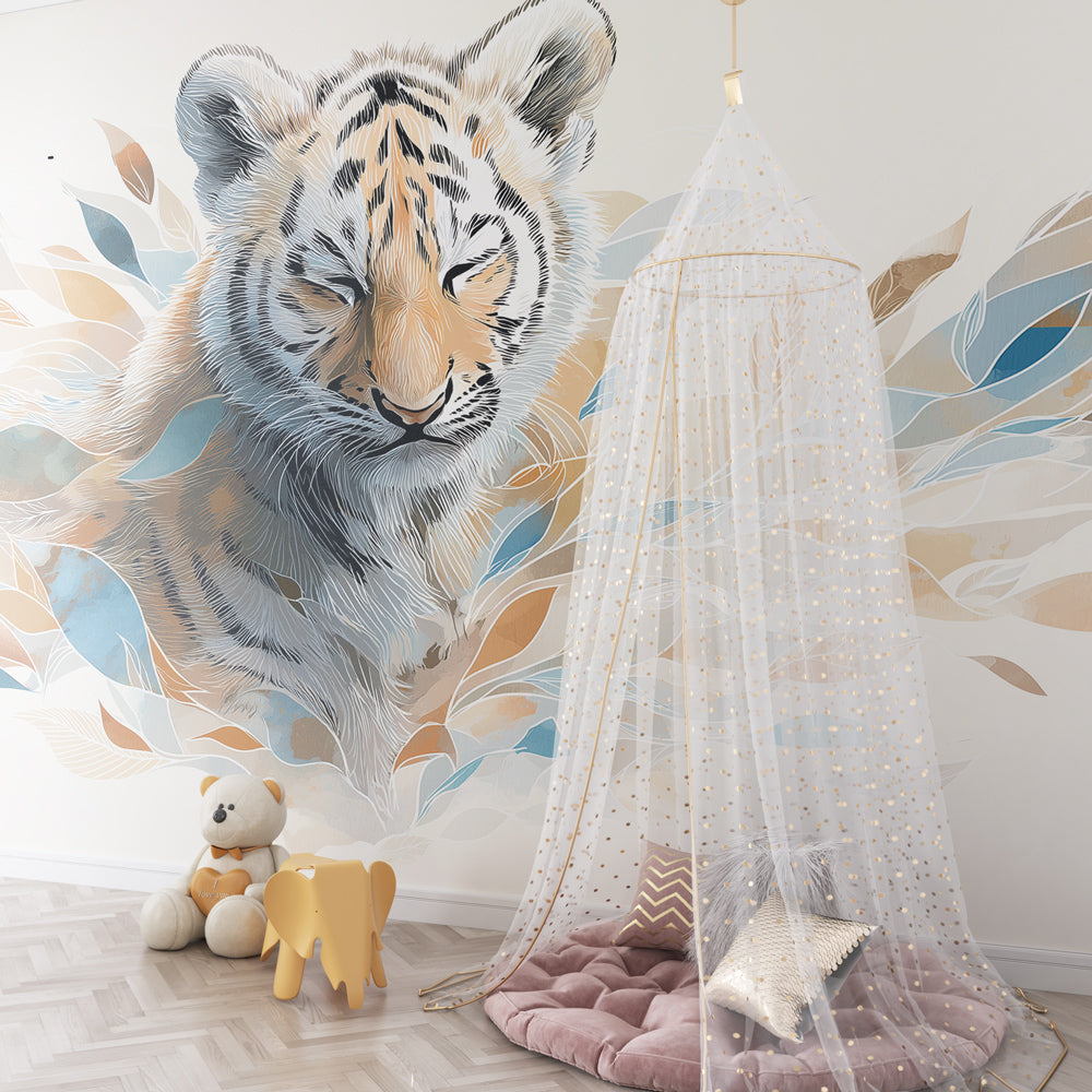 Tiger and tropical leaves wallpaper creating wildlife themed nursery decor with soft colors