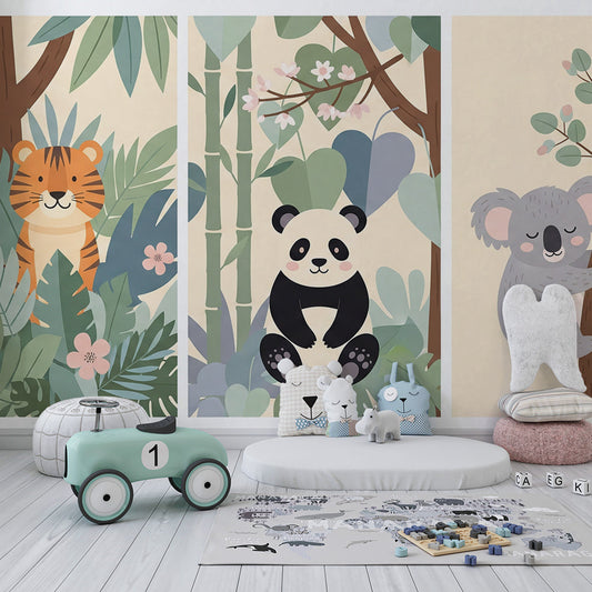 Kids-Mundo tiger, panda, koala and sloth jungle mural on a feature wall in a kids bedroom