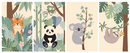 Kids-Mundo flat artwork of the jungle wall mural design featuring tiger, panda, koala and sloth