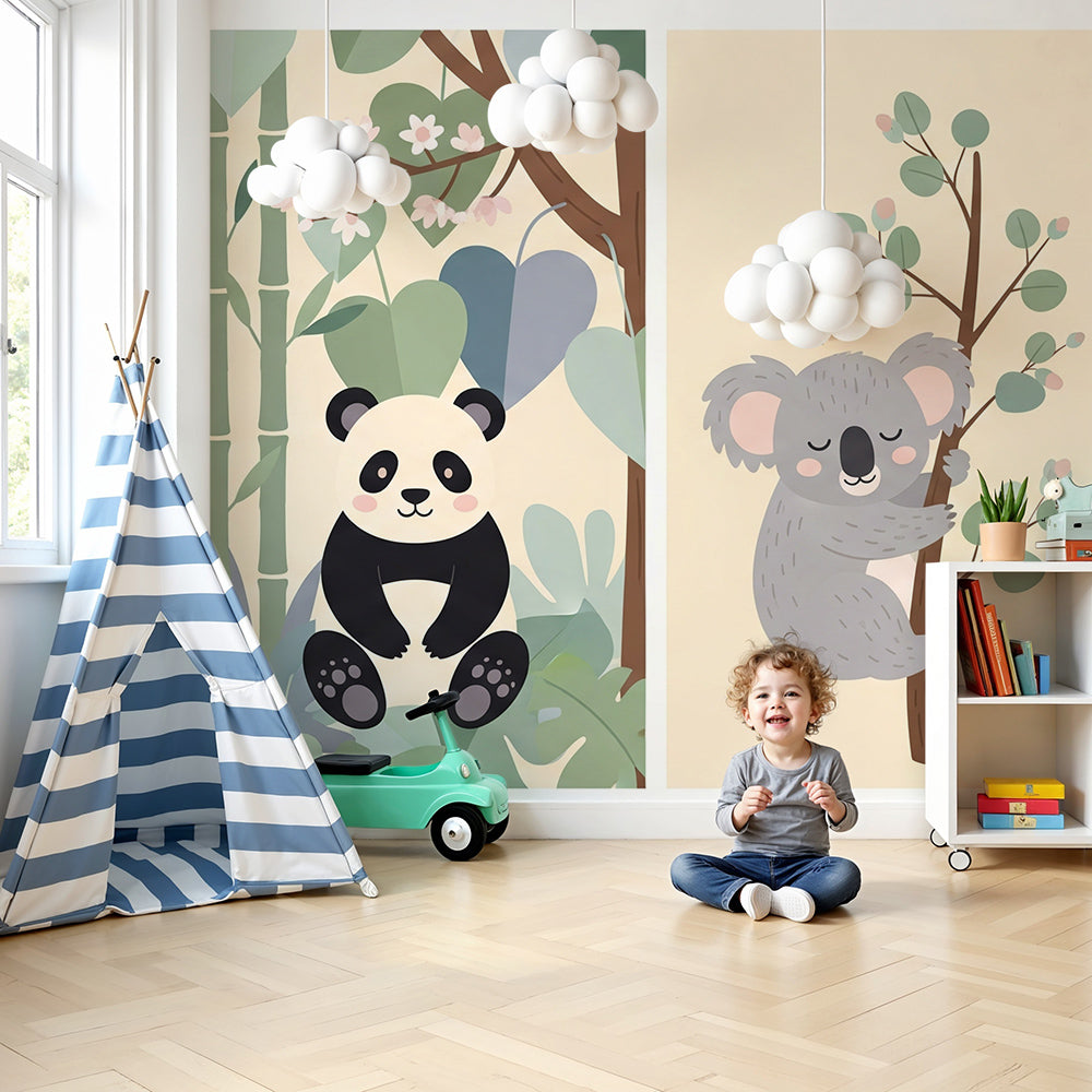 Kids-Mundo jungle wall mural with tiger, panda, koala and sloth in a soft beige nursery