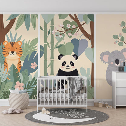 Kids-Mundo jungle animal wall mural brightening a playroom with tiger, panda and sloth