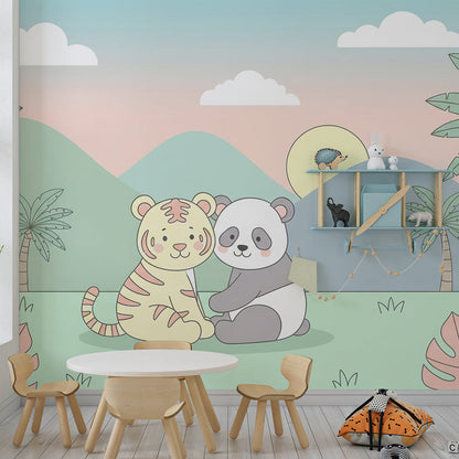 Kids-Mundo tiger and panda tropical wall mural on a feature wall in a child's bedroom.