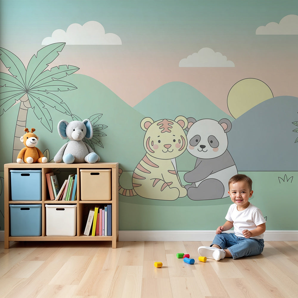 Kids-Mundo tiger and panda wall mural in a soft pastel nursery with palm trees and a warm sunset.