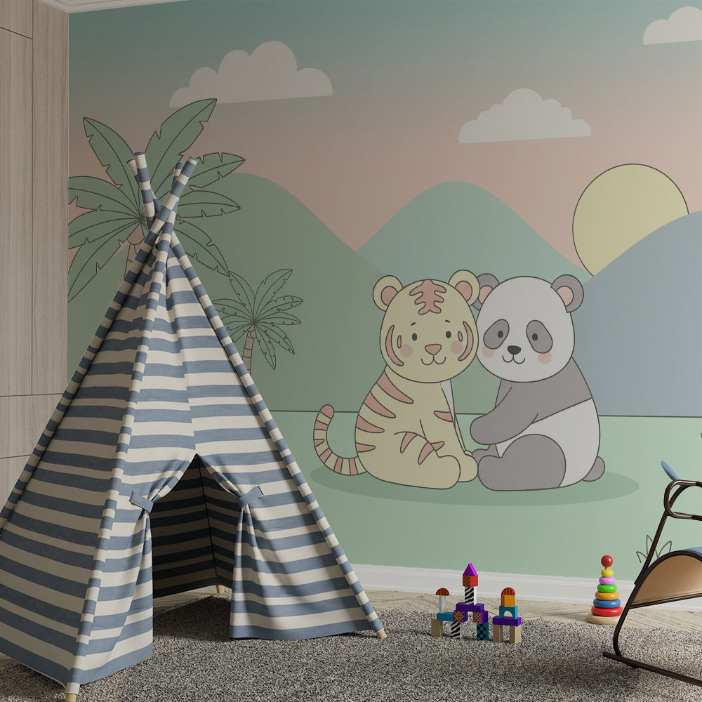 Kids-Mundo tiger and panda wall mural bringing tropical charm to a bright playroom wall.