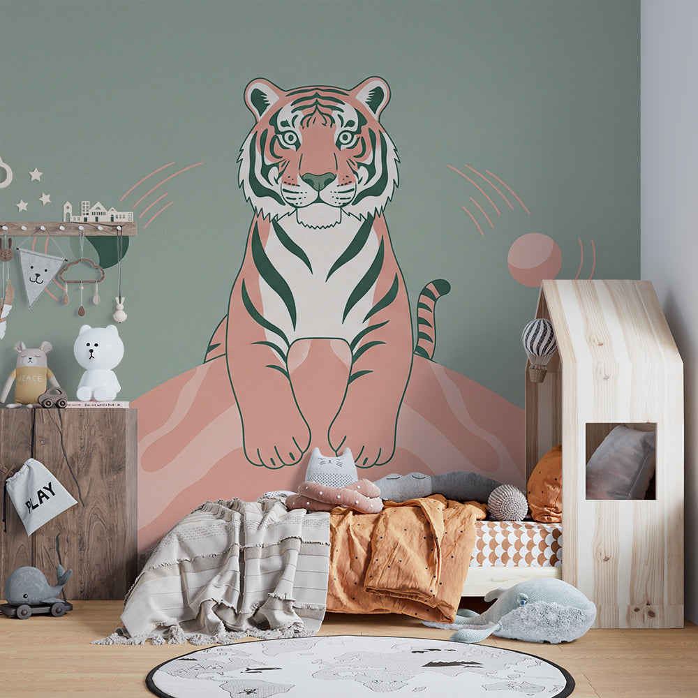 Kids-Mundo pastel hill tiger mural decorating a modern kids bedroom wall