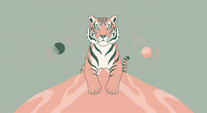 Kids-Mundo flat artwork of a stylised tiger sitting on a pastel pink hill