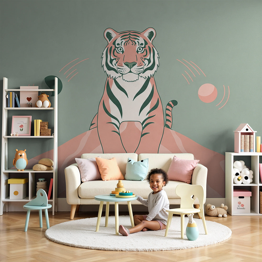 Kids-Mundo stylised pastel tiger wall mural styled in a calm sage green nursery