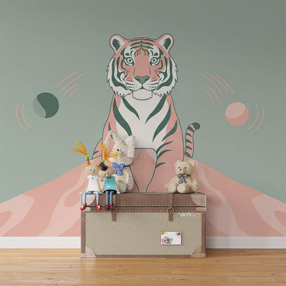Kids-Mundo stylised tiger wall mural adding calm colour to a kids playroom