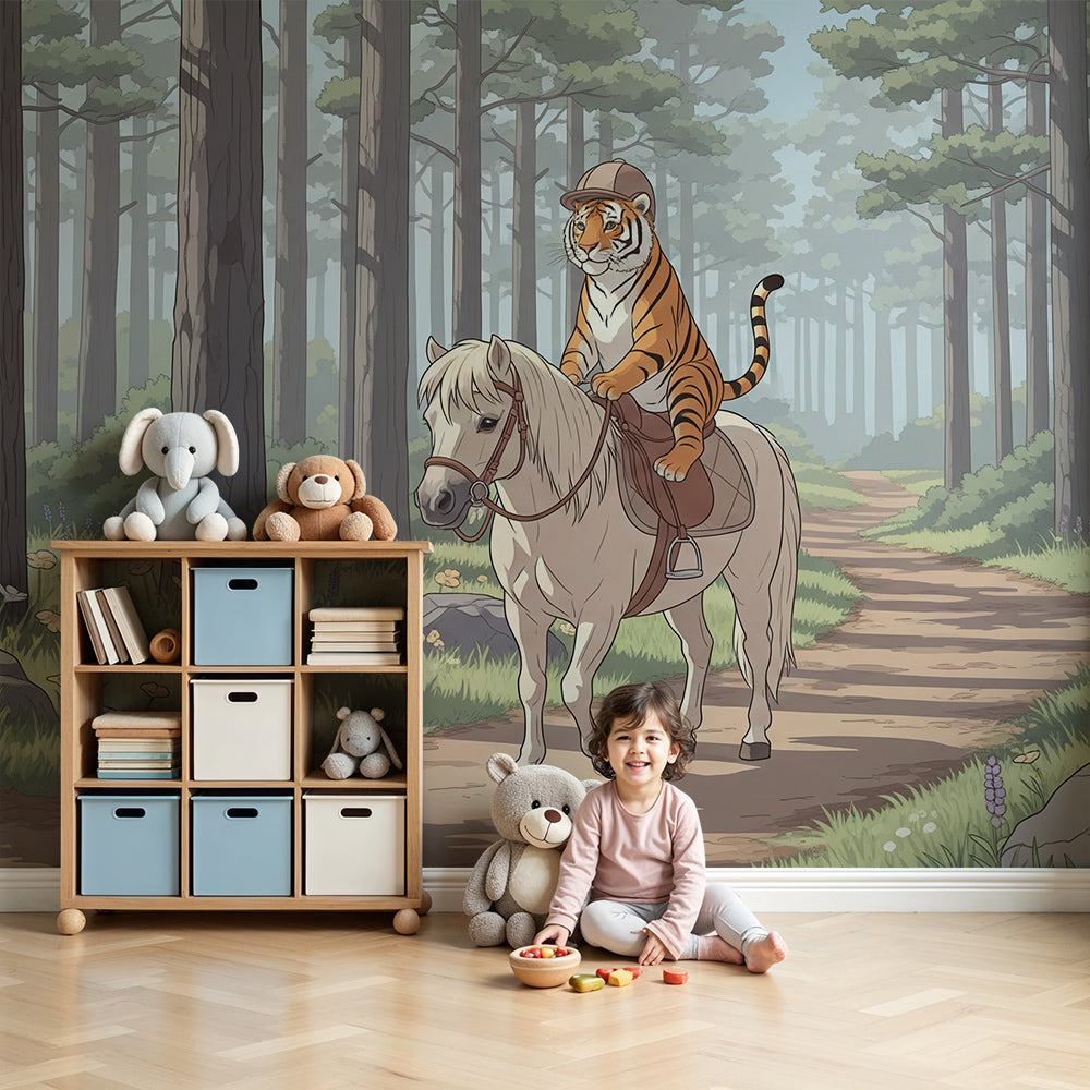 Kids-Mundo tiger and pony forest wall mural installed above a cot in a soft, calming nursery room.