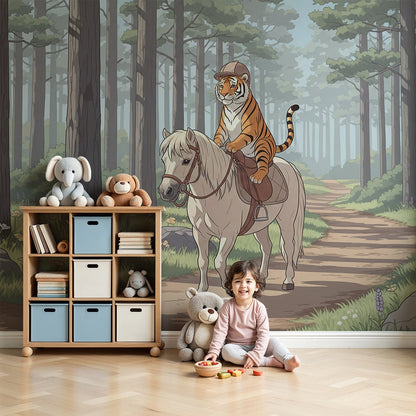 Kids-Mundo tiger and pony forest wall mural installed above a cot in a soft, calming nursery room.