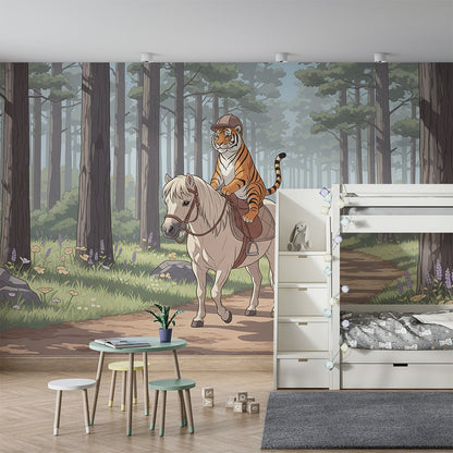 Kids-Mundo tiger and pony wall mural styled behind a reading nook and cushions in a playroom.