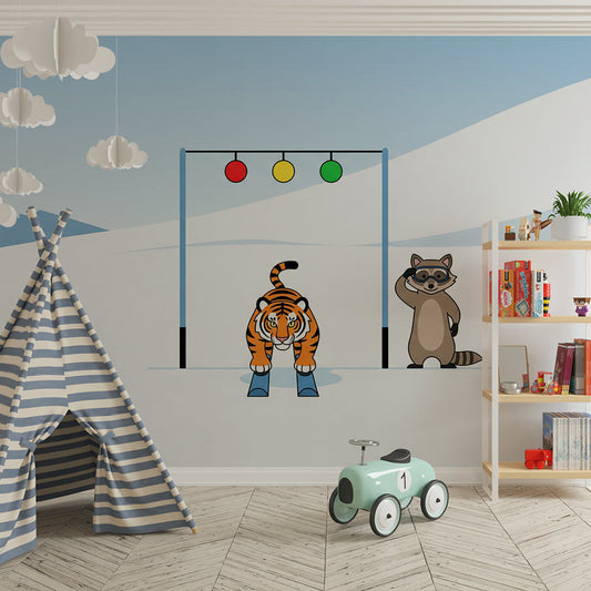 Kids-Mundo snowy animal wall mural covering a feature wall in a kids bedroom