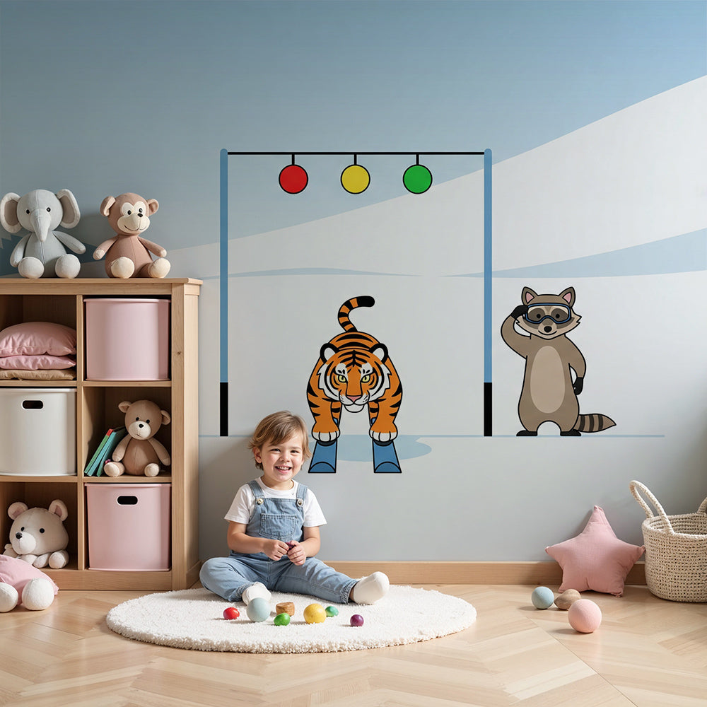 Kids-Mundo tiger and raccoon snow game wall mural in a bright, cosy nursery room