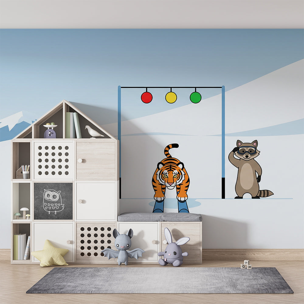 Kids-Mundo tiger and raccoon mural decorating a playroom wall beside a play tent