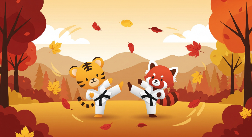 Tiger and Red Panda Karate Kick Autumn Forest Wall Mural