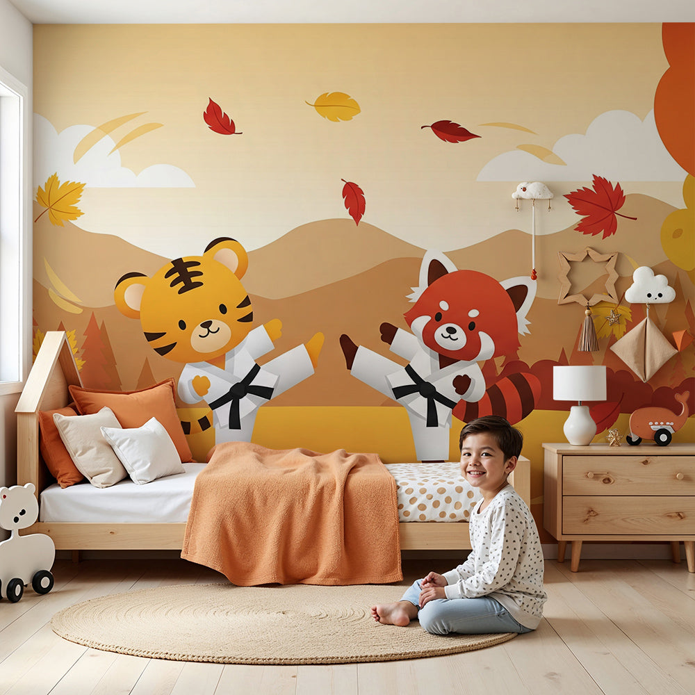 Kids-Mundo tiger and red panda autumn karate wall mural installed beside a crib in a warm-toned nursery room.