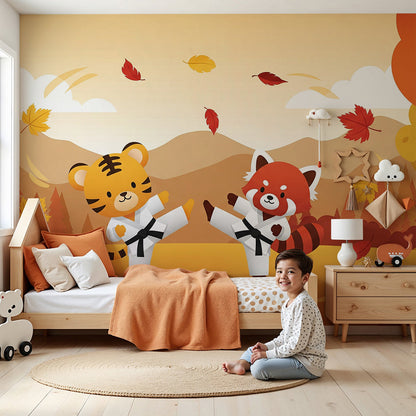Kids-Mundo tiger and red panda autumn karate wall mural installed beside a crib in a warm-toned nursery room.