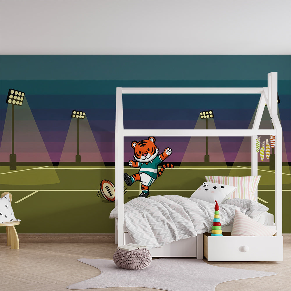 Kids-Mundo tiger rugby wall mural covering a feature wall in a boy's bedroom under a twilight sky.