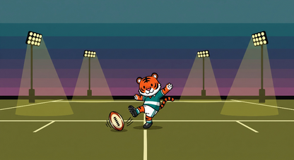 Flat artwork preview of the Kids-Mundo tiger rugby player wall mural kicking under stadium floodlights.