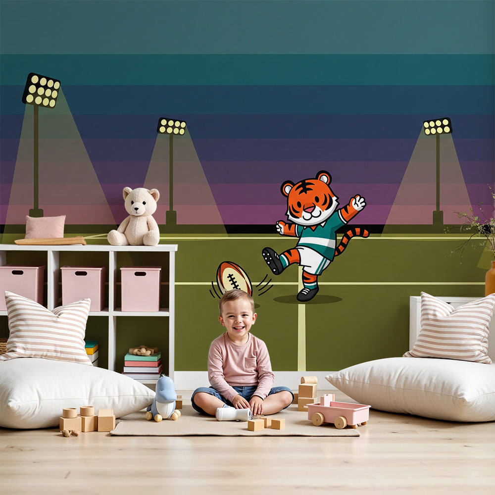 Kids-Mundo tiger rugby player wall mural with floodlights installed above a cot in a calm nursery room.