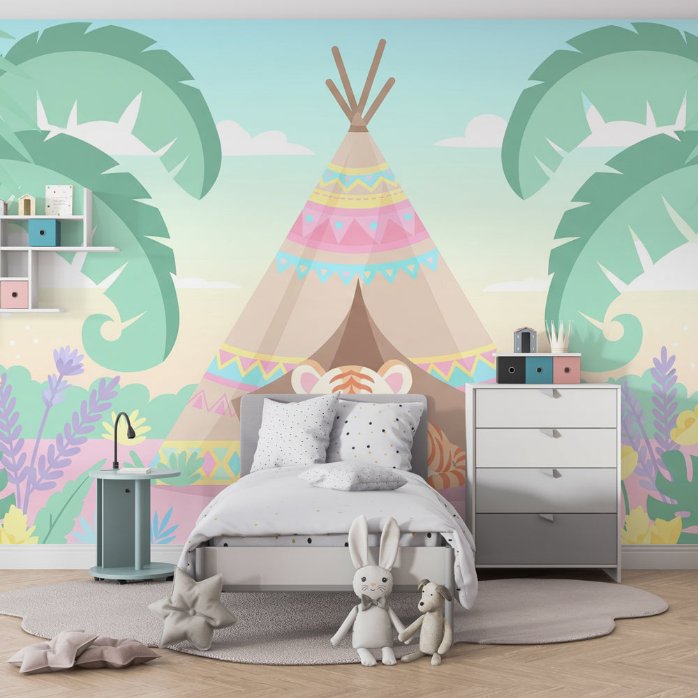 Tropical tiger and tipi mural wallpaper transforming children's bedroom into adventure space