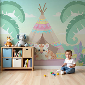Tiger safari mural wallpaper with colorful tipi creating magical nursery decor by Kids-Mundo