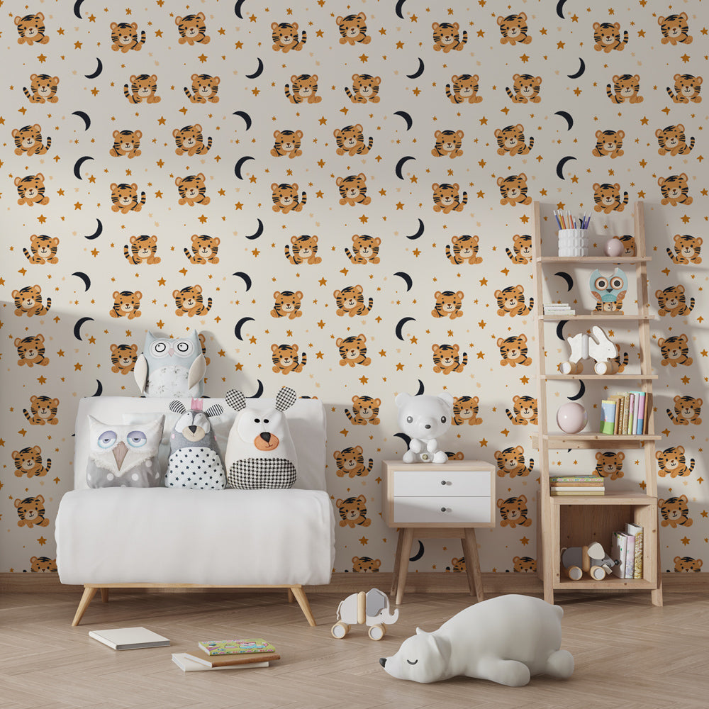Golden tiger and stars wallpaper creating magical atmosphere in children's bedroom
