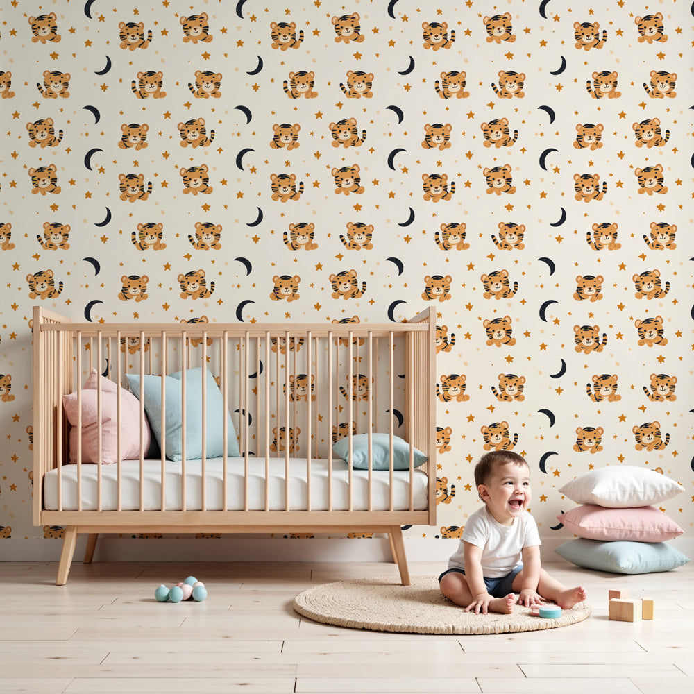 Tiger stars mural wallpaper with golden celestial motifs in modern nursery by Kids-Mundo