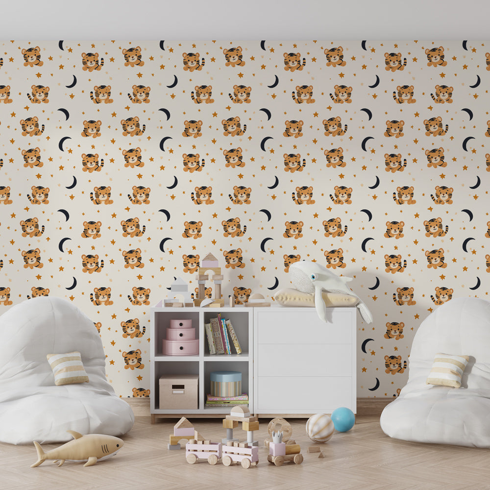 Whimsical tiger stars wallpaper transforming kids playroom into celestial safari adventure