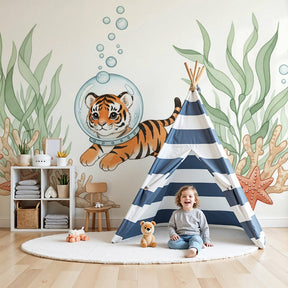 Tiger submarine mural wallpaper in modern nursery creating underwater adventure theme by Kids-Mundo