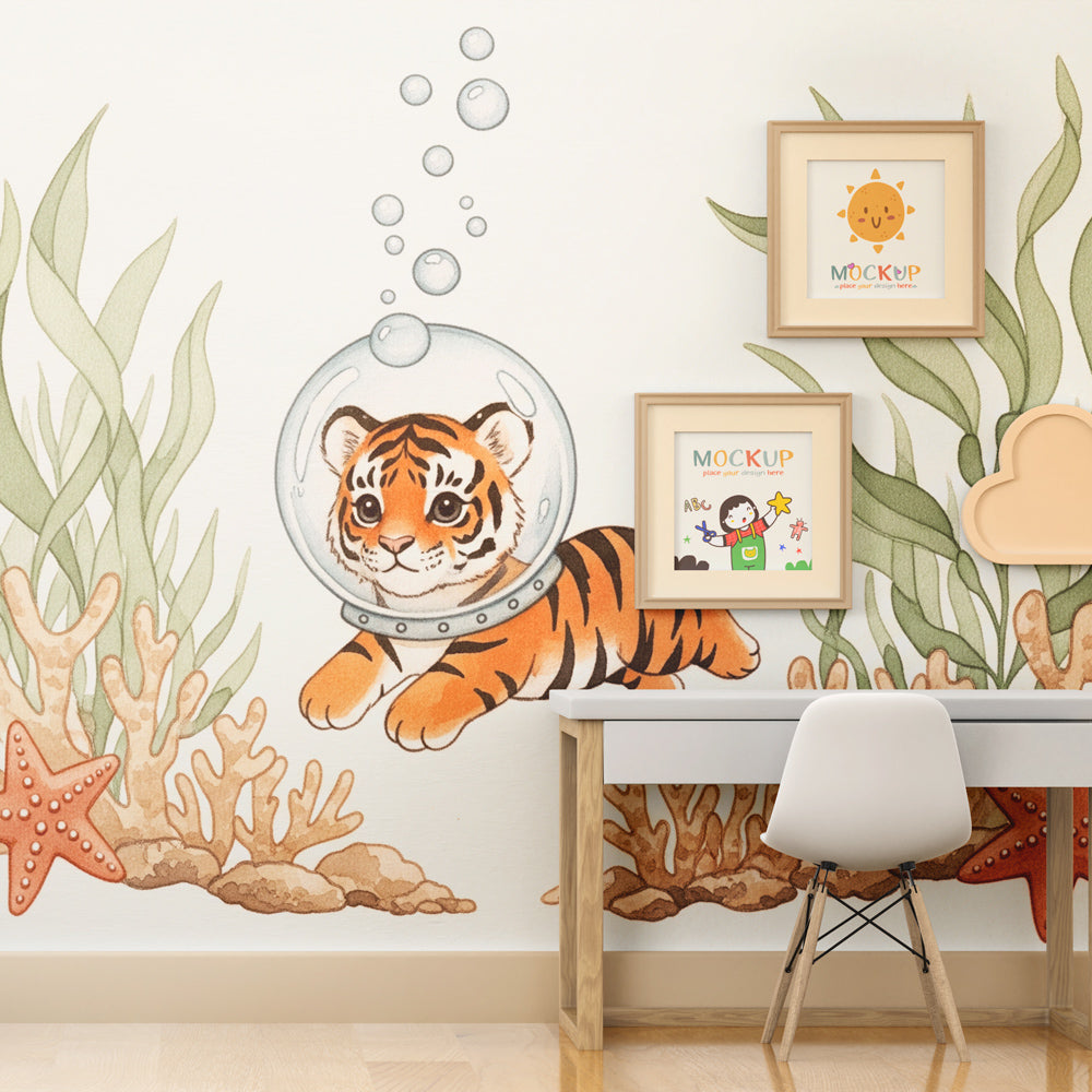 Ocean themed tiger mural wallpaper creating educational playroom environment for children