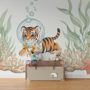 Underwater tiger adventure wallpaper transforming toddler bedroom into ocean paradise by Kids-Mundo